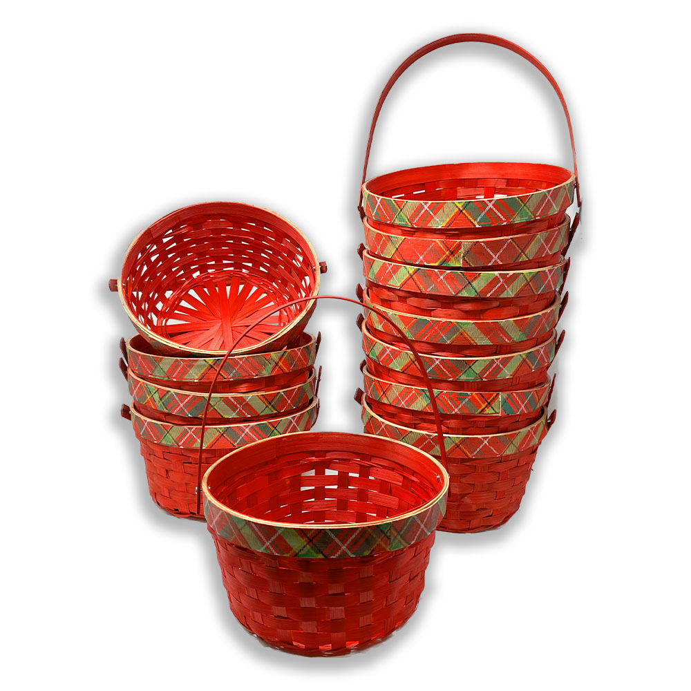 12 Pack - Holiday Plaid Red Swing Handle Basket - Medium 8in